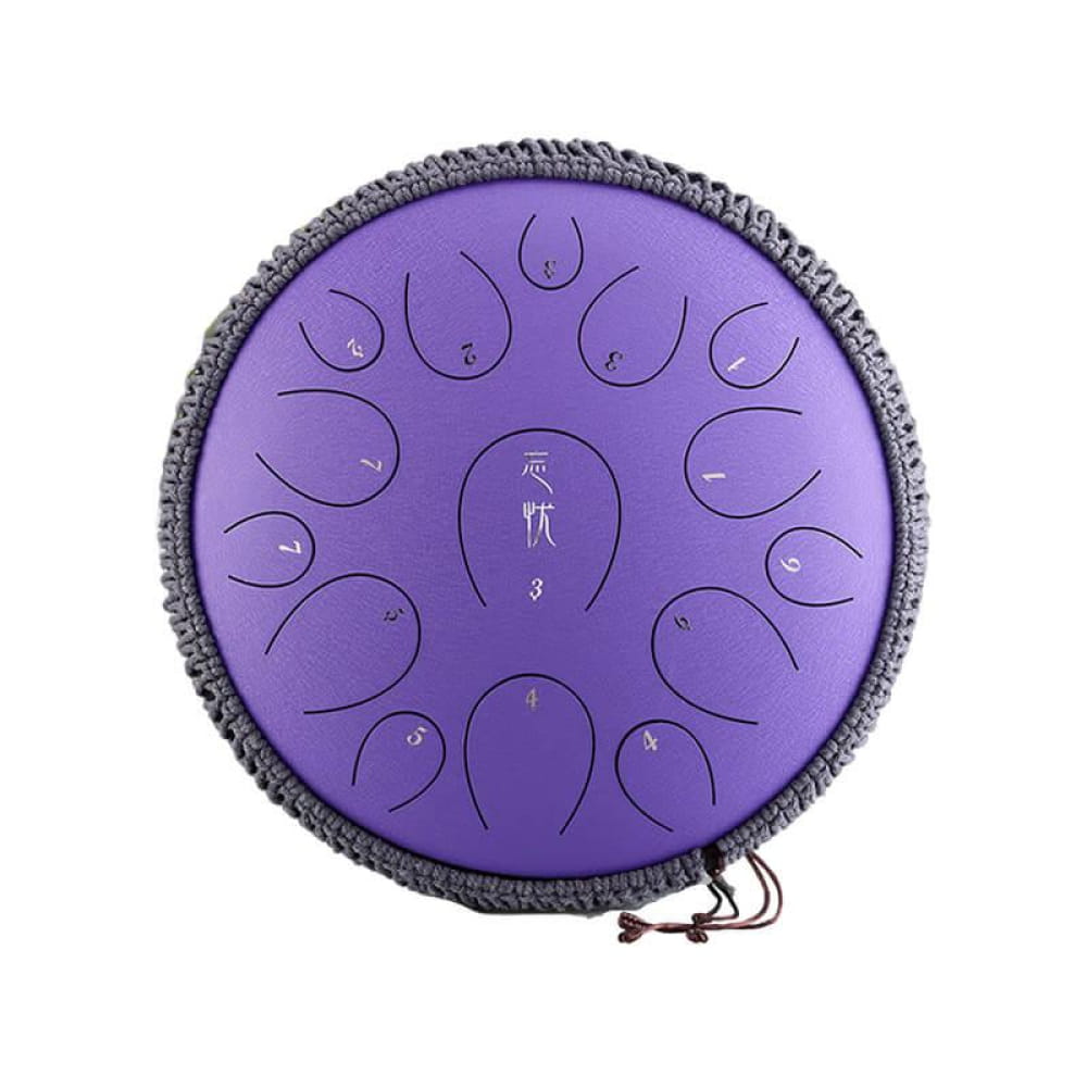 Purple Steel Tongue Drum with Tone Marks and Case, 15-Note C Major, 14 Inches