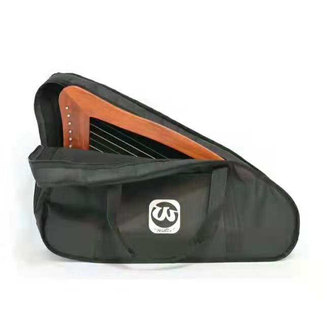 Black protective carrying case for 15-String Celtic Lyre Harp with white logo