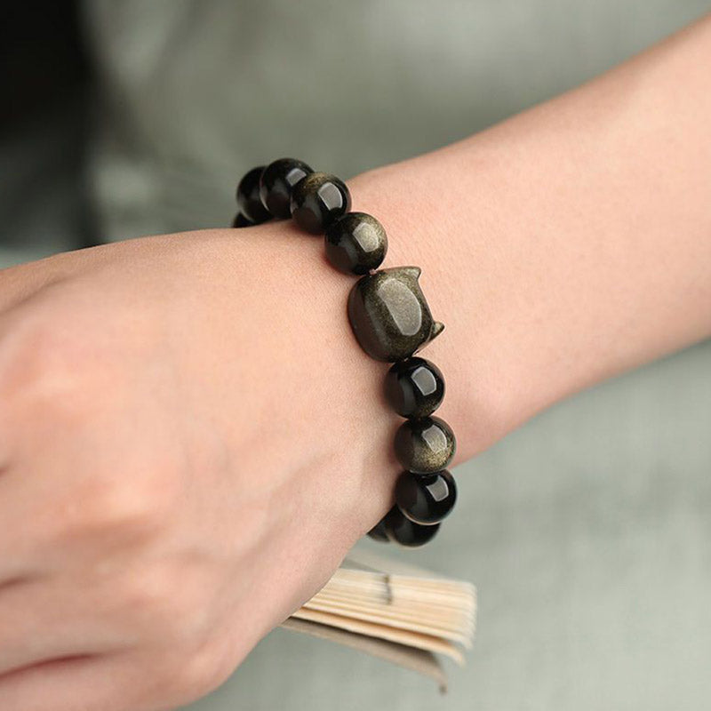 Gold Sheen Obsidian Lucky Cat Protection Bracelet 8mm
