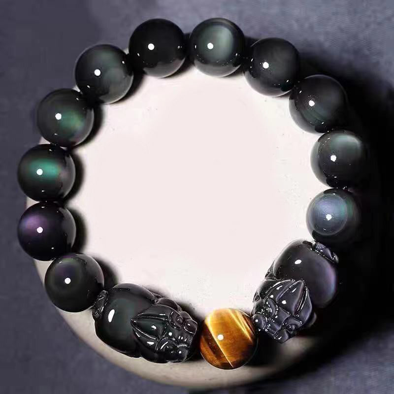 8mm Rainbow Obsidian Pixiu Feng Shui Grounding Bracelet