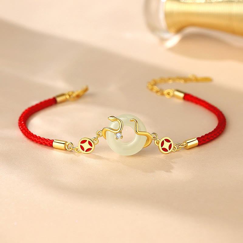Bracelet en jade Hetian de 15 cm avec boucle de paix et cordon rouge pour la prospérité