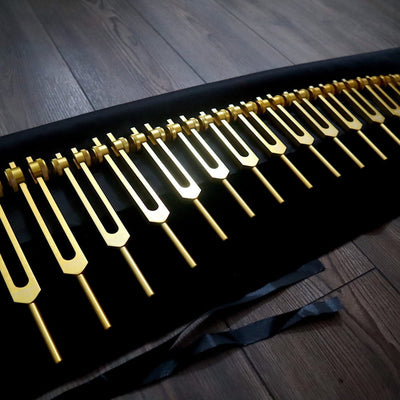 Row of golden tuning forks on black surface for healing in 15pc Tuning Fork Set