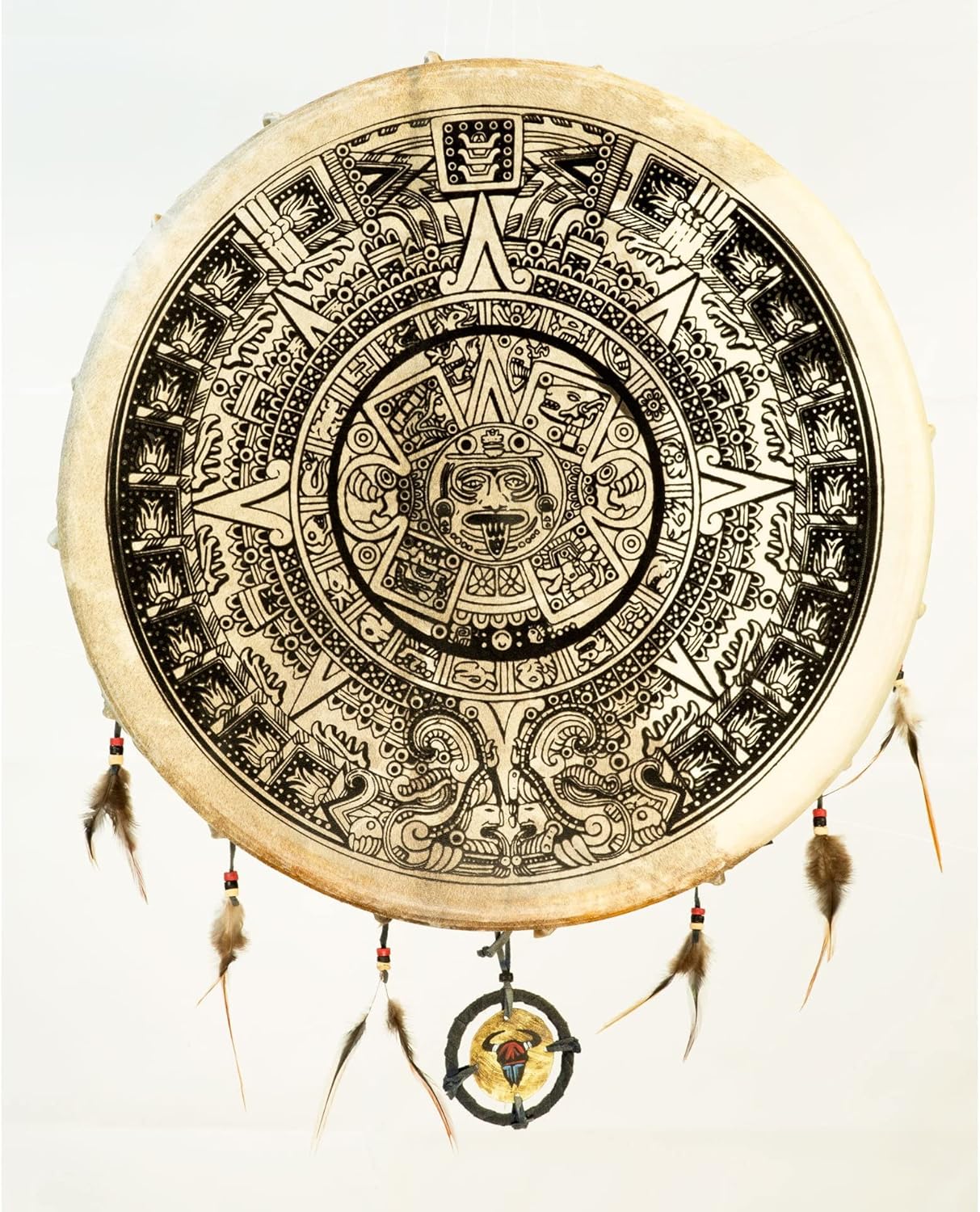 Aztec calendar stone dreamcatcher with feathers on Shamanic Goat Skin Frame Drum