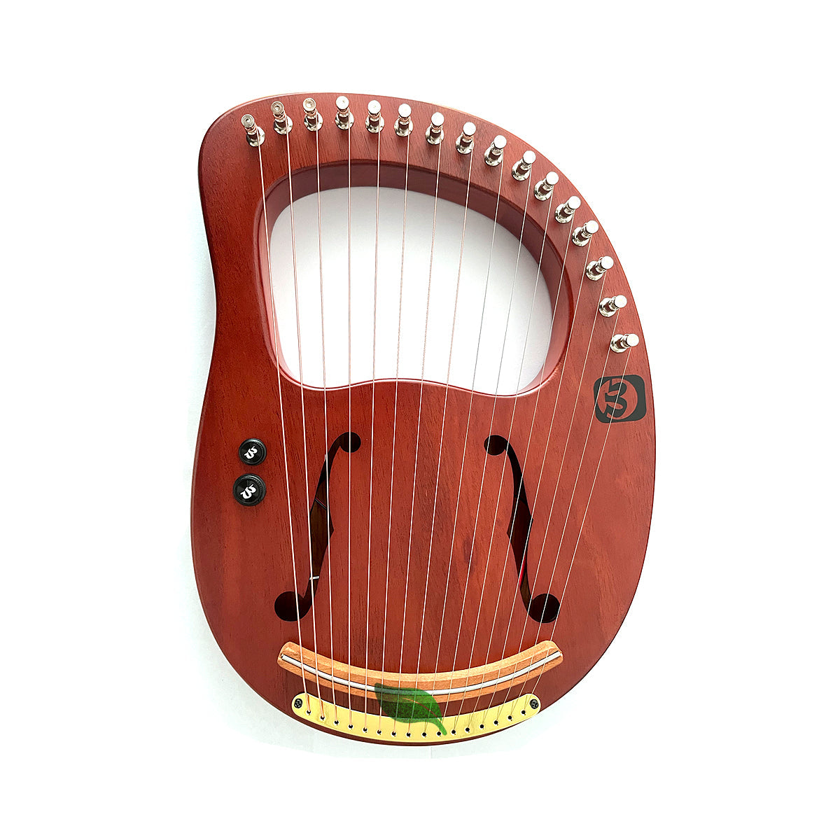 Brown 16-String Mahogany Lyre Harp Instrument with metal tuning pegs and strings
