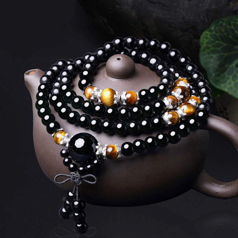 6mm Black Obsidian & Tiger Eye Mala Bracelet for Protection