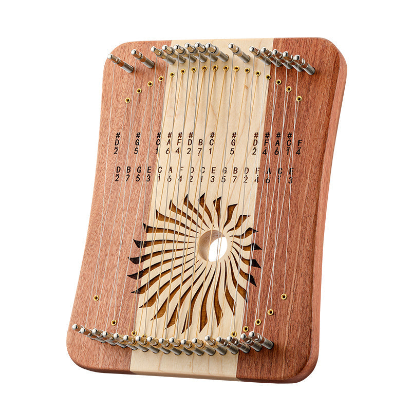 Wooden Kalimba thumb piano with decorative sun pattern, 17/31 String Wood Lyre Harp by Hluru