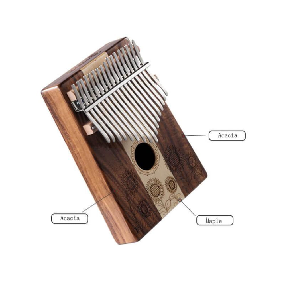 Wooden Kalimba thumb piano with metal tines and engravings, 17 Key Acacia & Maple