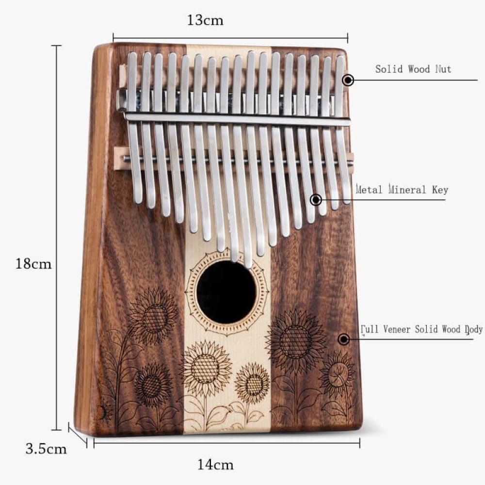 Wooden Kalimba thumb piano with sunflower engravings and metal tines in C tone