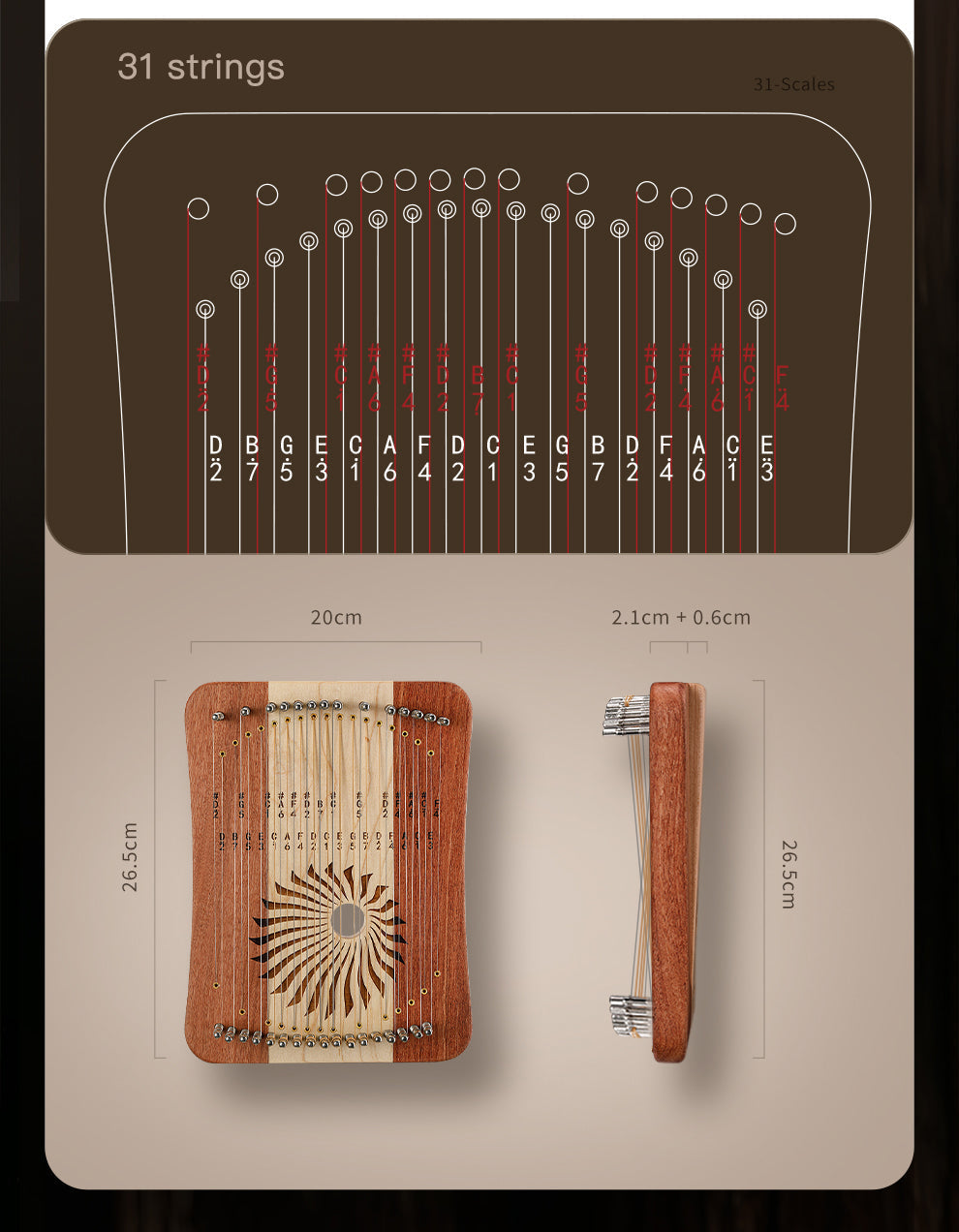 Wooden Kalimba thumb piano with 31 strings and note layout diagram for 17 String Rosewood Lyre Harp by Hluru