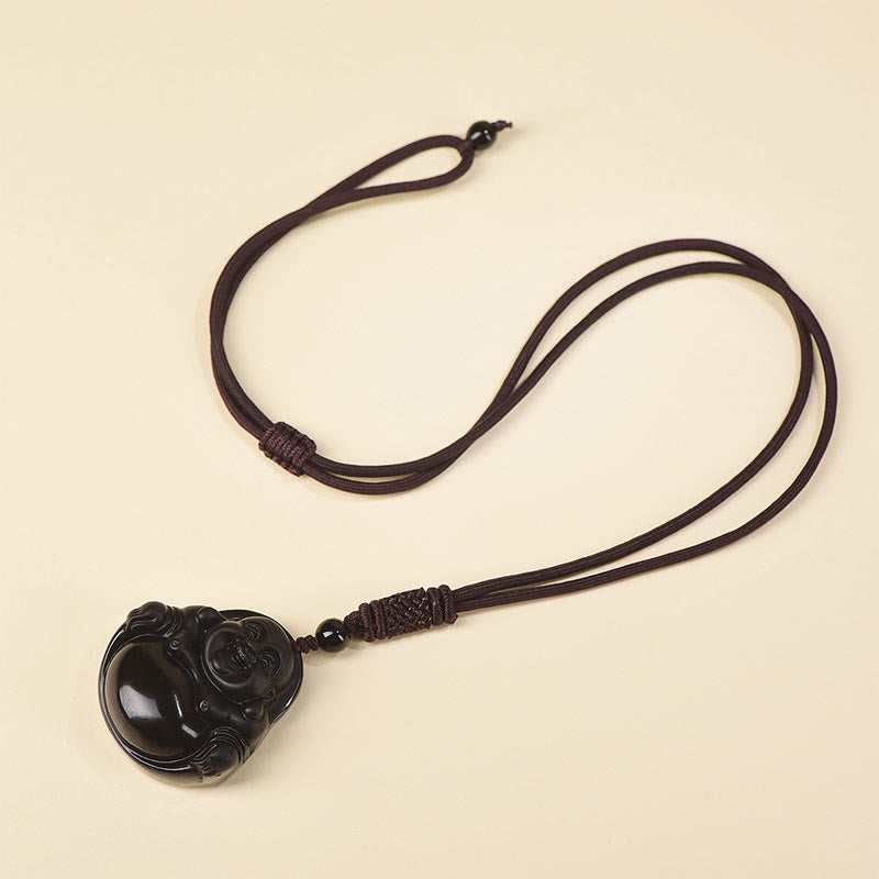 Collier Bouddha rieur en obsidienne noire et glace | Purification