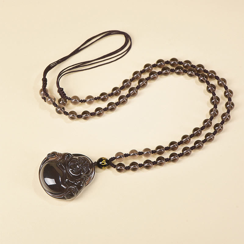 Collier Bouddha rieur en obsidienne noire et glace | Purification