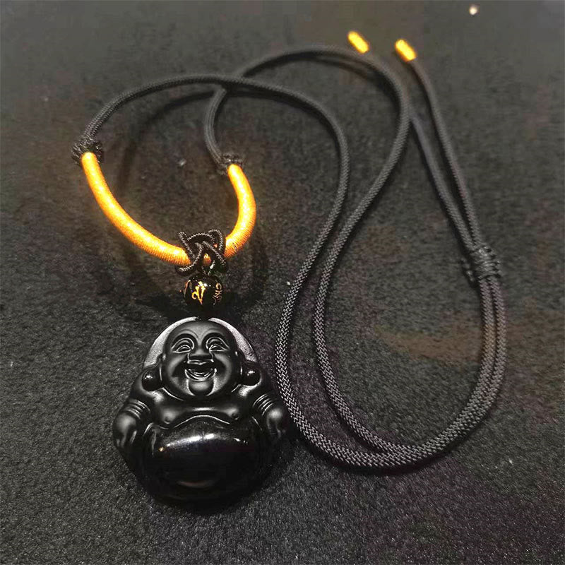 Collier Bouddha rieur en obsidienne noire et glace | Purification