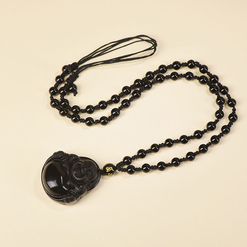 Collier Bouddha rieur en obsidienne noire et glace | Purification