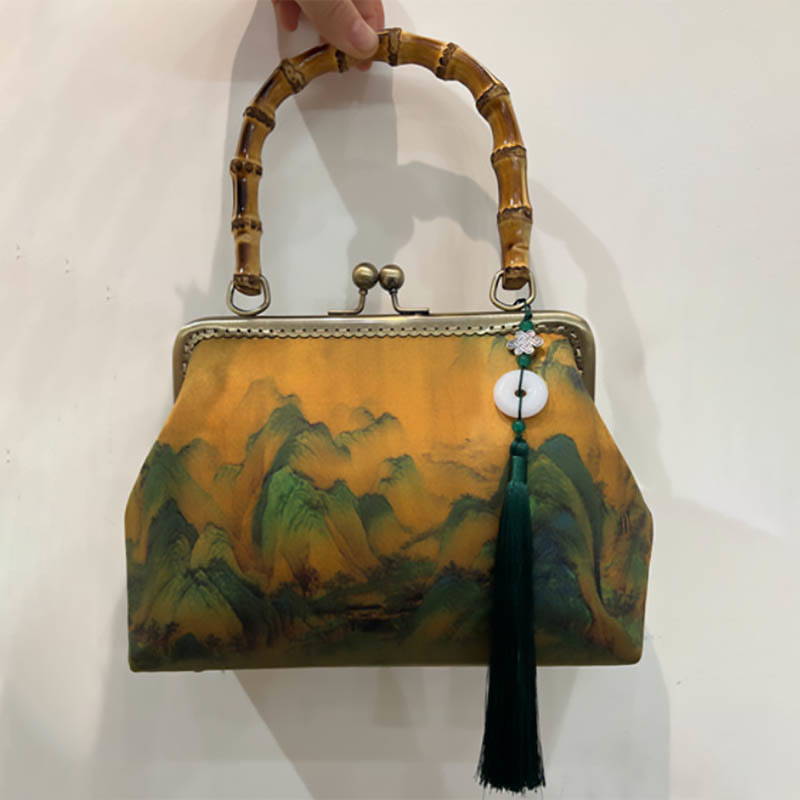 Sac à bandoulière avec poignée en bambou et plantes vertes