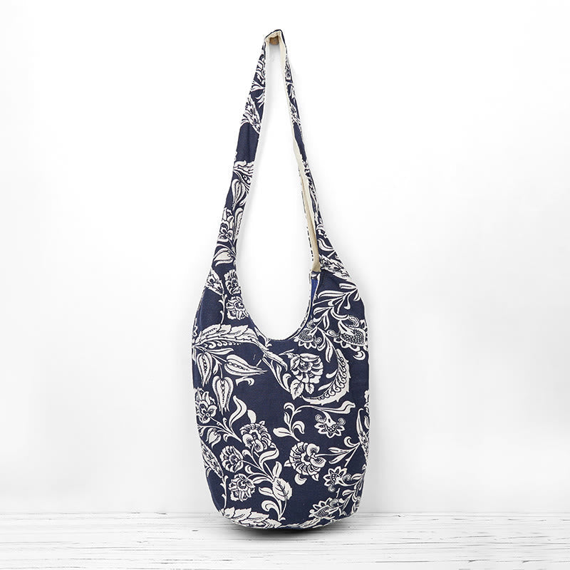 Navy Blue White Flower Cotton Crossbody Bag for Spiritual Accessories