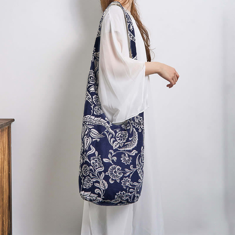 Navy Blue White Flower Cotton Crossbody Bag for Spiritual Accessories