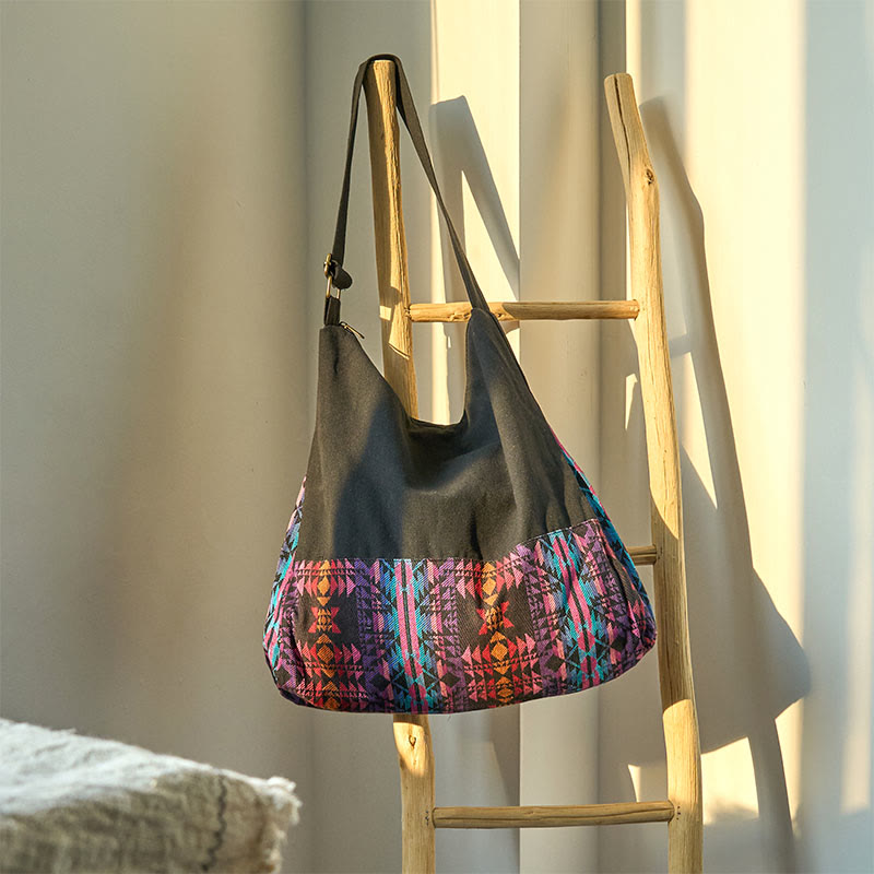 Black Red Pink Geometry Pattern Cotton Crossbody Bag