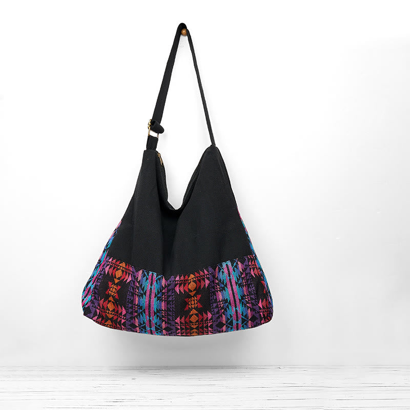 Sac bandoulière en coton à motifs géométriques noir, rouge et rose