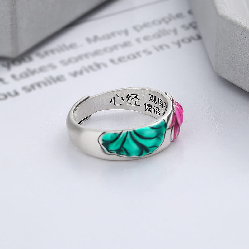 925 Sterling Silver Lotus Flower Heart Sutra Enlightenment Ring