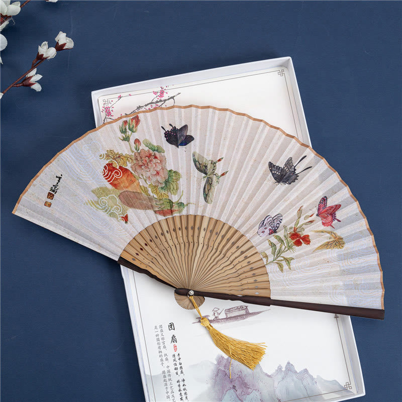 Cotton Linen Chinese Folding Fan 22cm Butterfly Orchid Cat