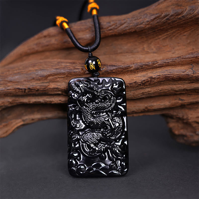 Black Obsidian Dragon Pendant Necklace for Success & Protection