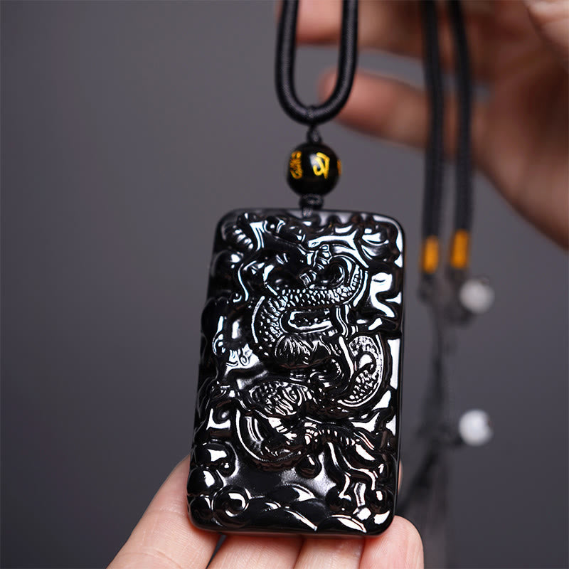 Black Obsidian Dragon Pendant Necklace for Success & Protection