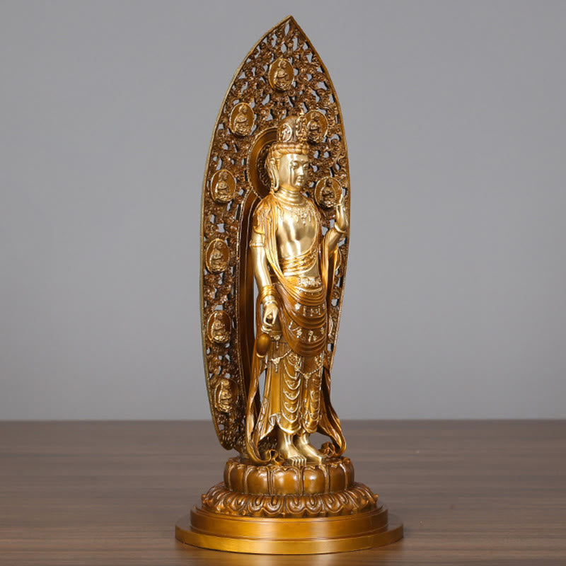 Kwan Yin Avalokitesvara Brass Copper Statue 18x41.5cm Harmony Aura