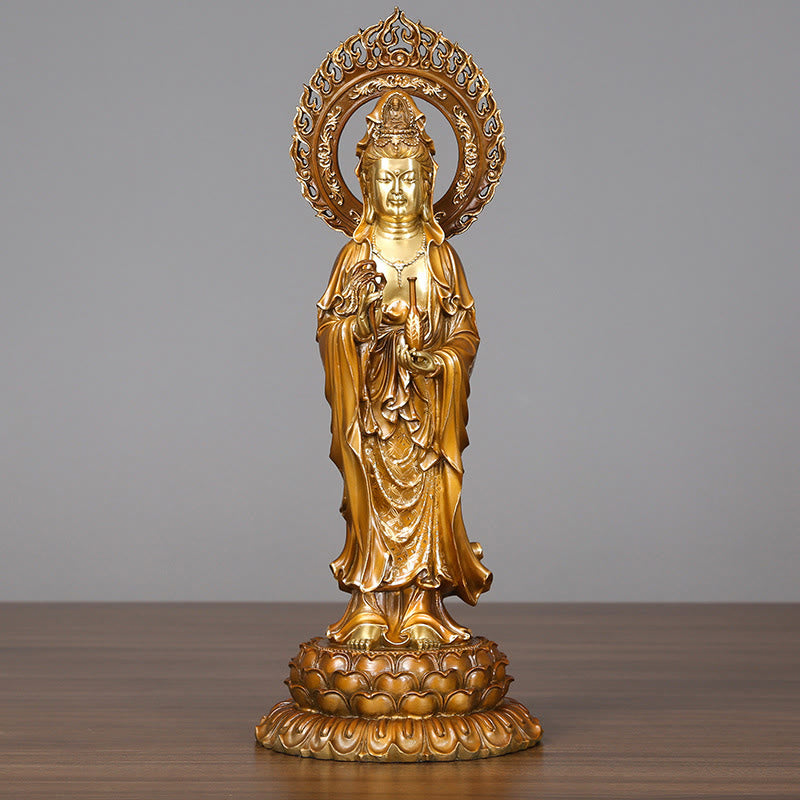 Kwan Yin Brass Copper Statue 19x45cm Lotus Aura Success