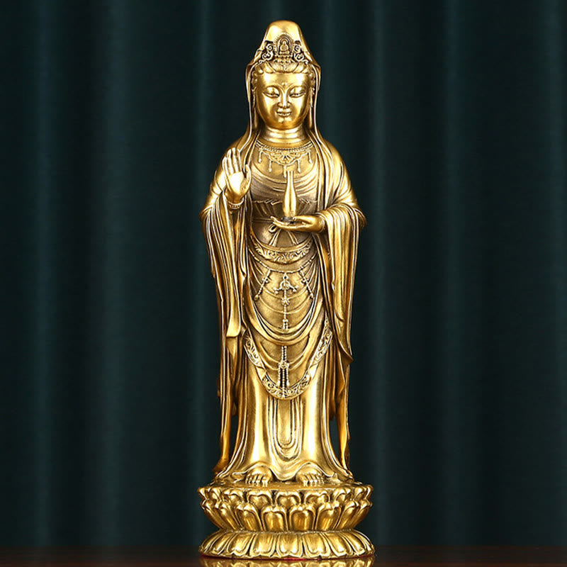 Kwan Yin Statue Holding Dharma Wheel | Brass Copper Sculpture