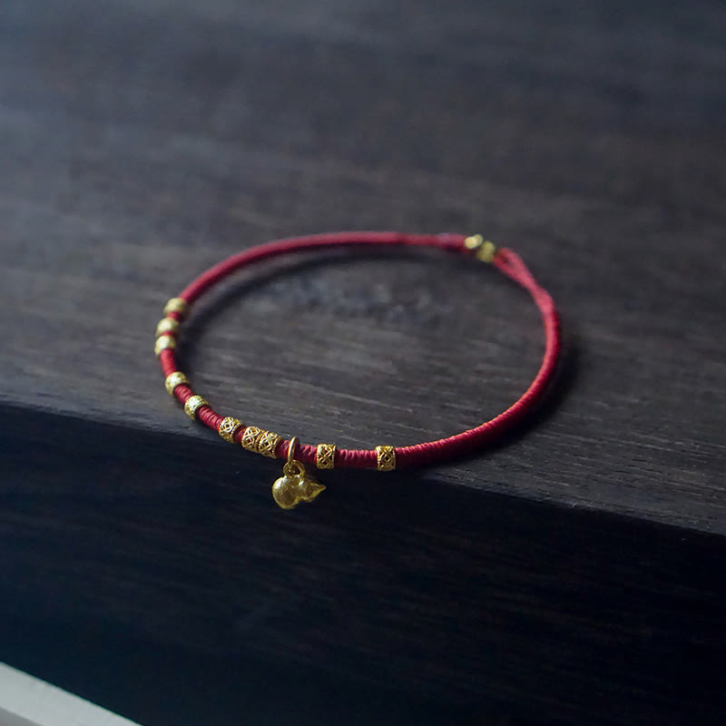 999 Gold Small Gourd Charm Red String Bracelet for Luck & Strength