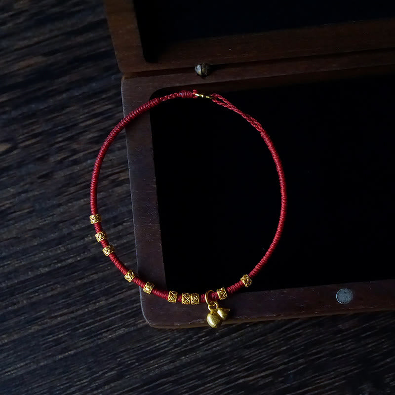 999 Gold Small Gourd Charm Red String Bracelet for Luck & Strength