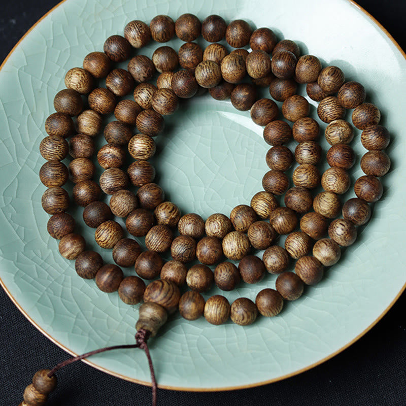 108 Wood Mala Bracelet in Green Qinan Agarwood for Peace & Strength