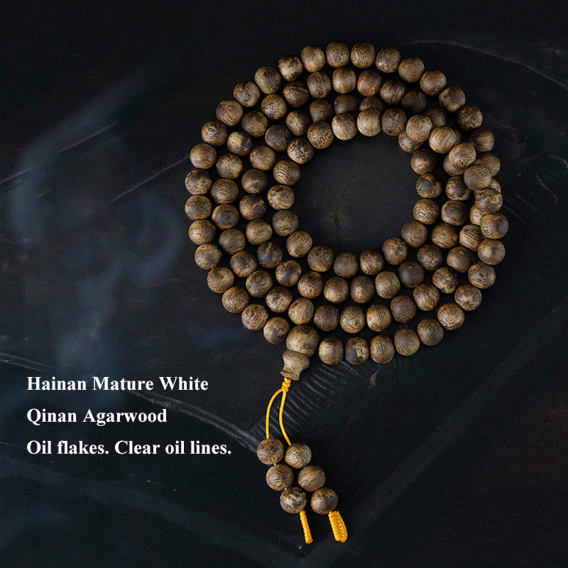 108 Bead White Qinan Agarwood Wood Mala Bracelet Calm Strength