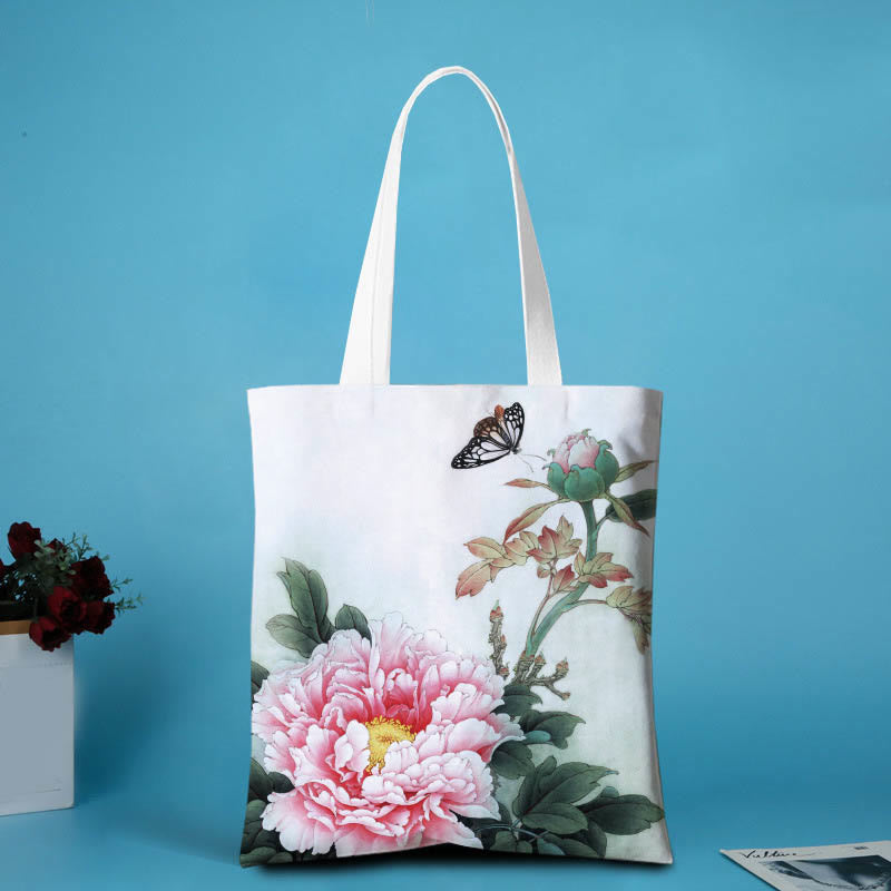 Sac bandoulière en toile motif pivoine | Sac fourre-tout de yoga résistant