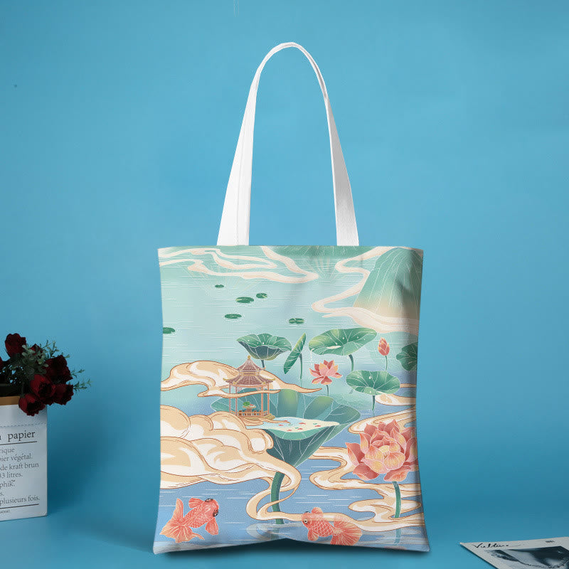 Grand sac fourre-tout de yoga en toile | Koi Fish & Lotus Art