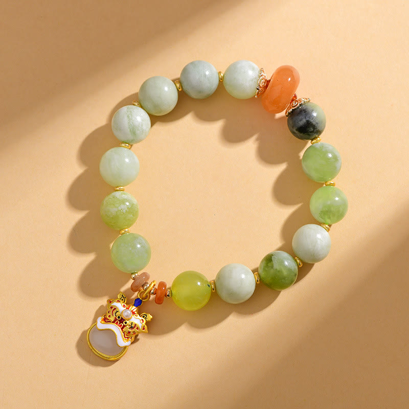10mm Jade Bracelet with Dancing Lion Charm for Prosperity & Luck