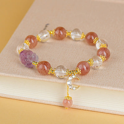 Bracelet d'amour et de guérison en quartz fraise avec breloque lune