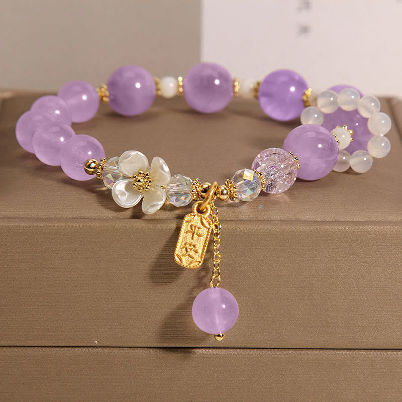 Bracelet de guérison en cristal bleu, améthyste, calcédoine et fleur 14-16 cm