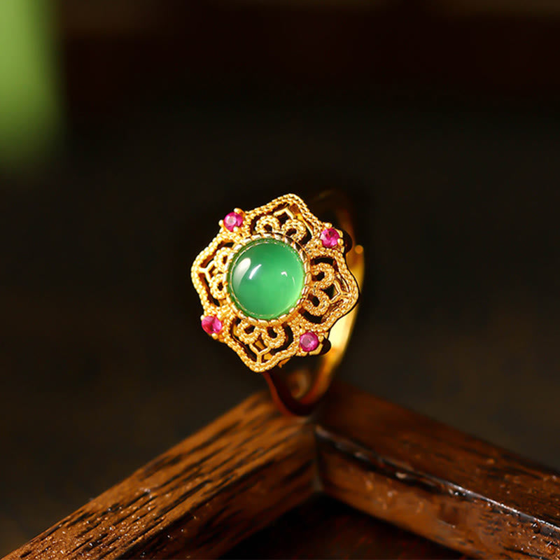 Adjustable Green Chalcedony Strength Ring Hollow Pattern