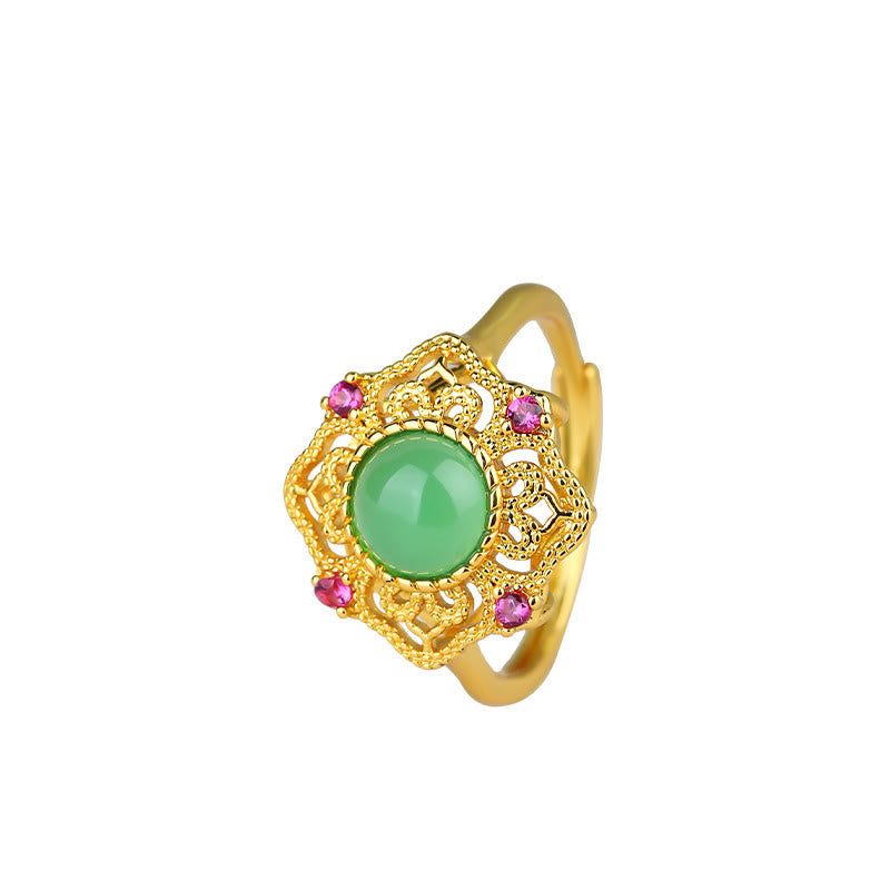 Bague réglable en calcédoine verte à motif creux