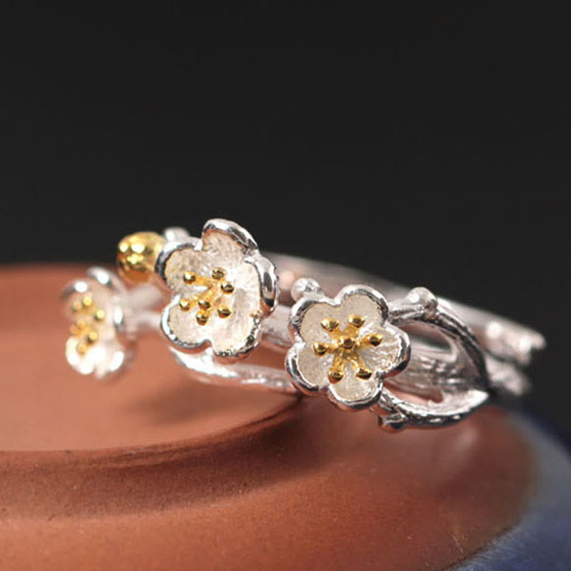 Bague calme en argent sterling 925 avec fleur de prunier pour femme