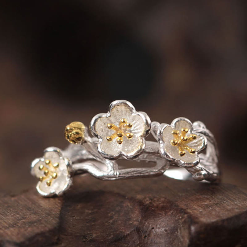 Bague calme en argent sterling 925 avec fleur de prunier pour femme