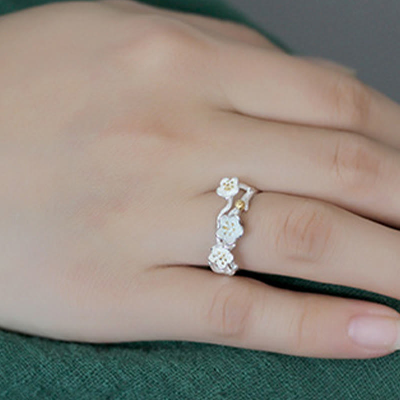 Bague calme en argent sterling 925 avec fleur de prunier pour femme