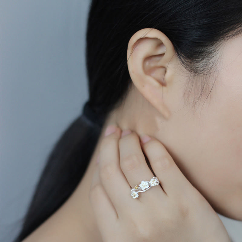 Bague calme en argent sterling 925 avec fleur de prunier pour femme