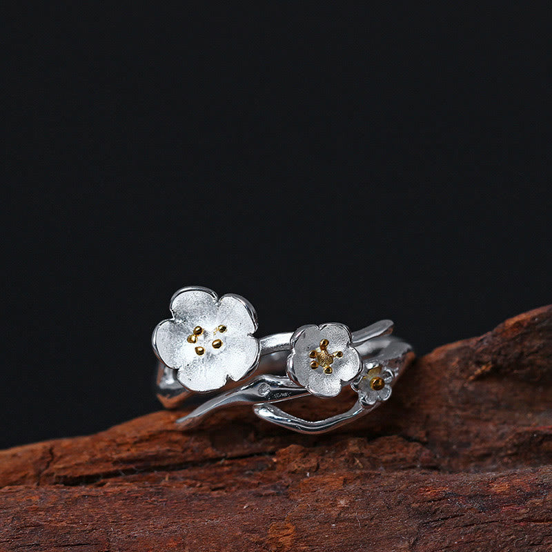 Bague d'équilibre en argent sterling avec fleur de prunier pour femme