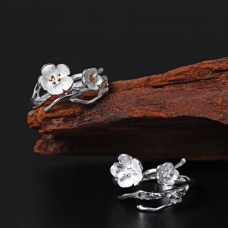 Bague d'équilibre en argent sterling avec fleur de prunier pour femme