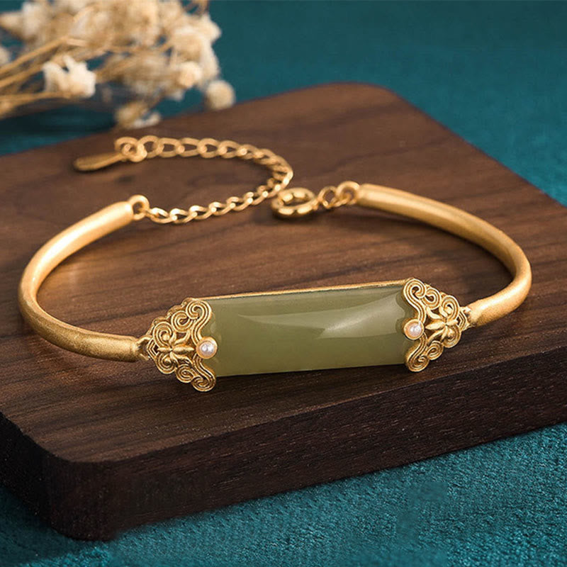 Adjustable Hetian Jade Luck Bracelet | 24K Gold Plated Cuff