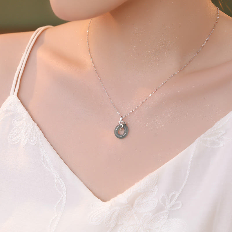 Jade Peace Buckle Necklace with 925 Silver & 18K Gold Spirit Snake