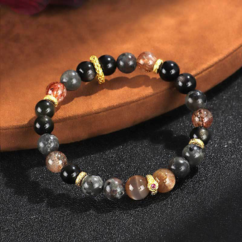 Bracelet spirituel positif en pierre de lave et pierre de soleil de 8 mm