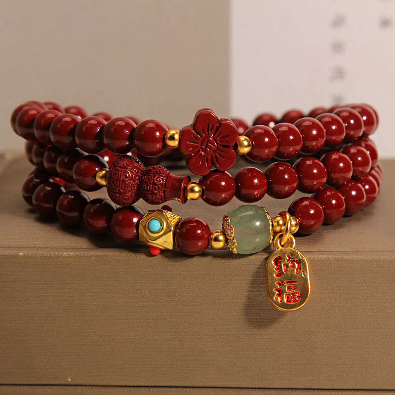 Cinnabar Triple Wrap Blessing Bracelet with Fu Character